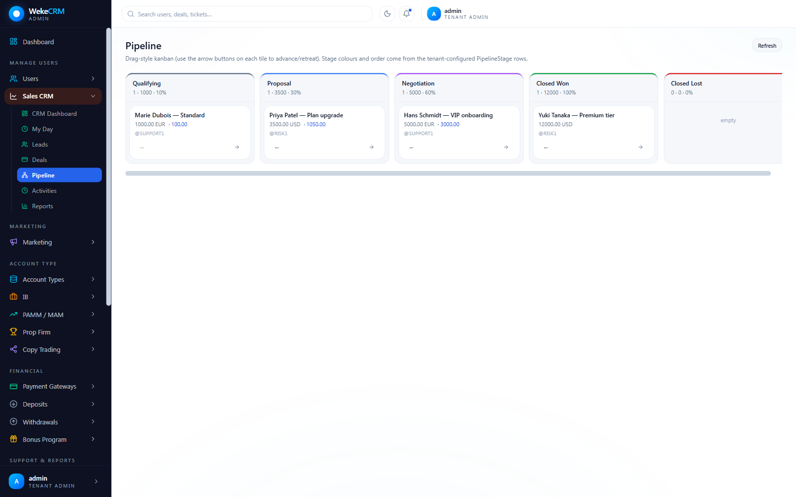 Weke CRM pipeline kanban with tenant-configured stages
