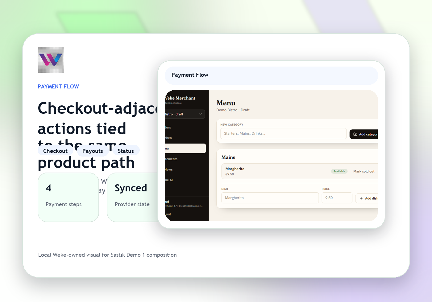 Payment visual showing CRM handoff into billing and checkout-related actions.